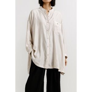 Blair Boutique | Plus Size Silky Mandarin Collar Long Sleeve Button Front Blouse